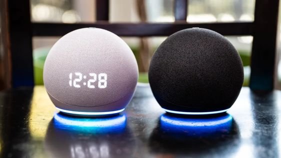 Two smart speakers with an alarm clock on top, ready for the future!