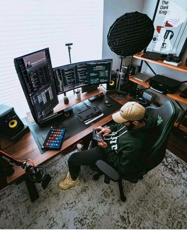 A man sitting at a desk with a computer and a monitor, working on flutter development.